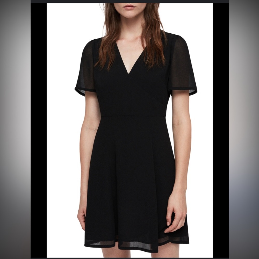 AllSaints Women’s Black Lucia Dress Size 4 Sheer Sleeves Zip Button Back